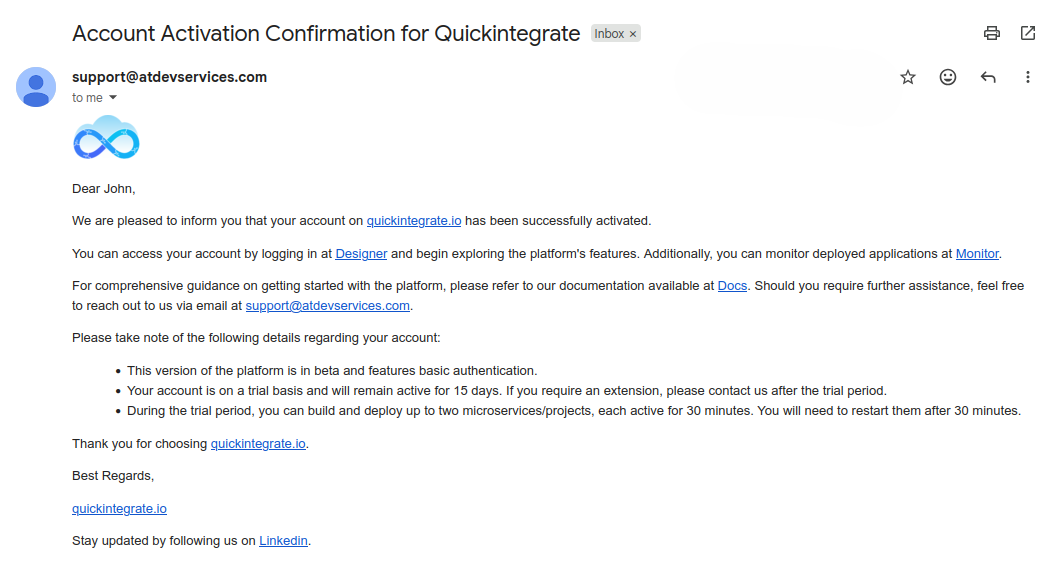Account activation email
